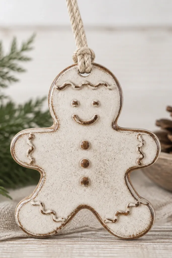 A gingerbread ornament painted antique white with a slightly aged tone. The outer edges and raised details are dry-brushed with walnut brown. The belly has faint speckling like cinnamon. The top has a cream jute twine loop.