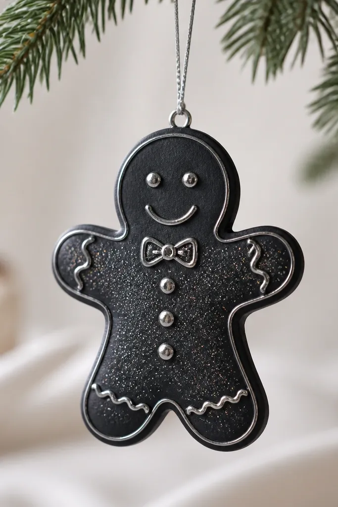A gingerbread ornament painted black cocoa with a smooth semi-matte finish. Raised details are highlighted with a thin silver line. A clear glitter varnish catches light only on the belly and arms. The hanger is silver thread.