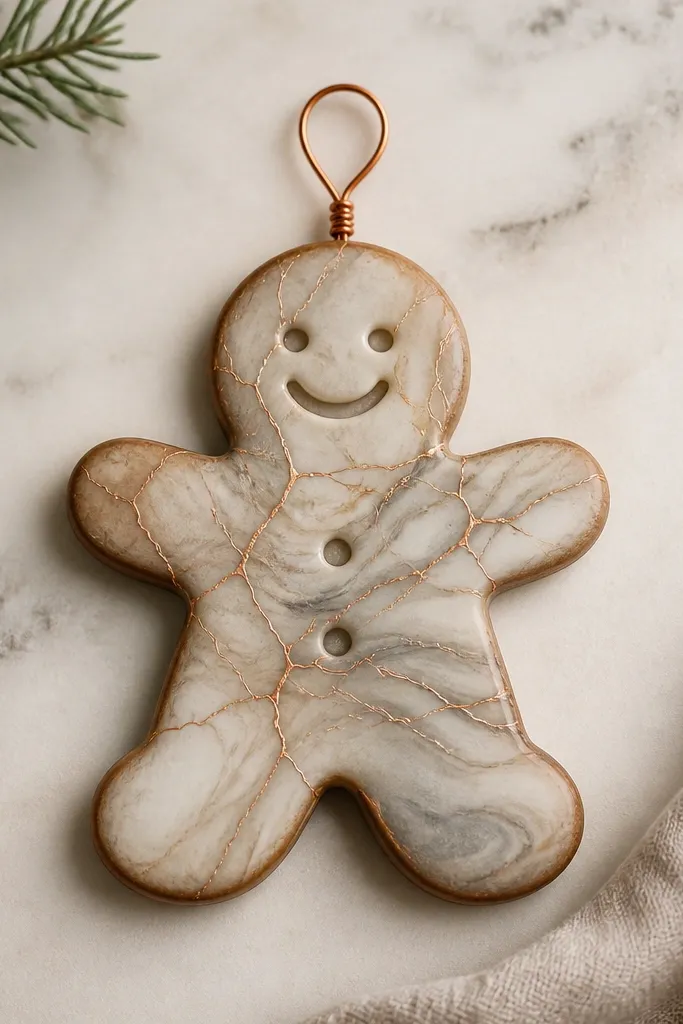 A gingerbread ornament with a marbled base in cream and warm gray. Thin copper lines run like veins across the belly and arms. The outline is lightly shaded with brown, and the top has a copper wire loop.