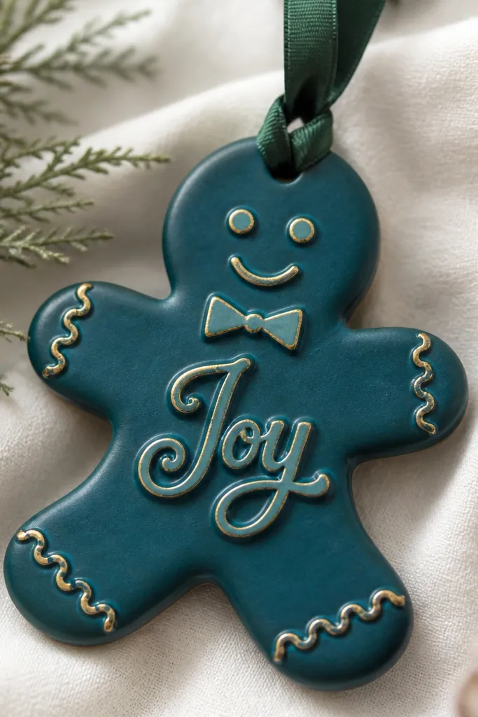 A gingerbread ornament painted deep teal. In the center belly area there is embossed raised script that reads "Joy." The embossed letters are painted slightly lighter teal and outlined with antique gold. The hanger is deep green ribbon.