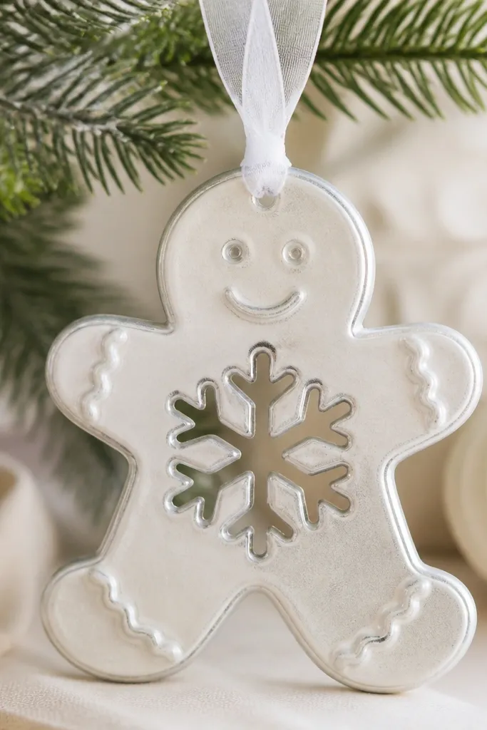 A gingerbread ornament painted pearl white. A snowflake cutout sits on the belly area, with silver-painted edges around the cutout. The outer edge of the gingerbread is also lightly silvered. The hanger is white organza ribbon.