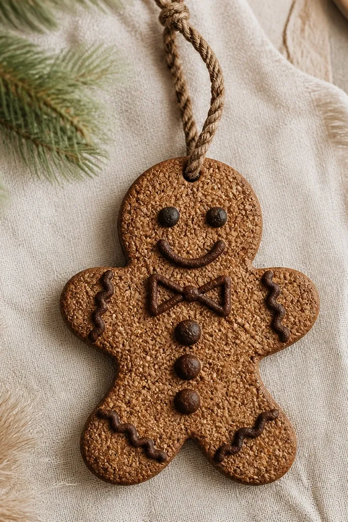 A gingerbread ornament with a textured surface that looks like oats or bread crumbs. The color is toasted cinnamon brown with slightly darker speckles in the texture. Raised lines are darker and the hanger is braided twine.