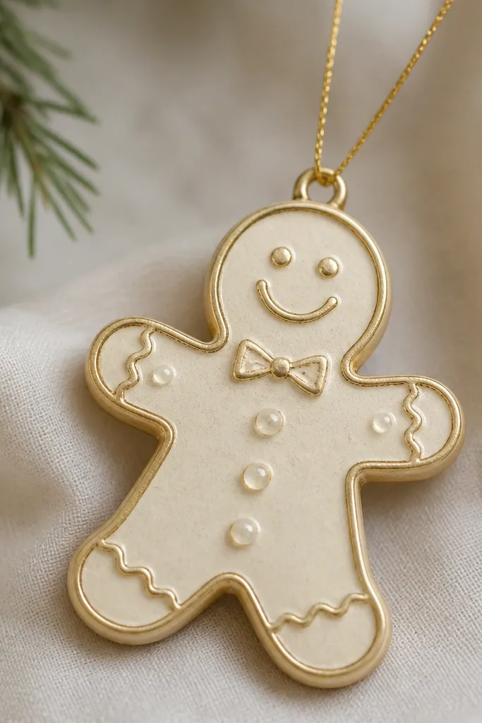 A gingerbread ornament painted matte warm cream with a gold foil-like overlay on the raised outlines. Small clear glossy spots sit on the belly and along the arms, like thick icing. The hanger is a thin gold chain.