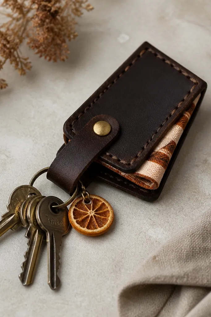 A handmade key fob made from dark brown belt leather with a stitched edge, a small brass snap, and a stitched loop holding a bundle of keys. A folded square of fabric inside shows orange and cream stripes, and a tiny dried orange slice charm sits near the snap.