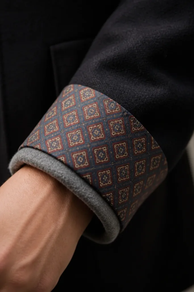 A scarf cuff made from a repurposed patterned tie, the fabric folded into a wide band with a neat seam and hand stitching. The cuff has a soft gray wool backing visible along one edge and sits on a dark coat sleeve.