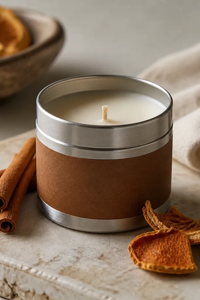 A small candle poured into a brushed metal coffee tin with a dark caramel label, a thick cream wax top, and a cotton wick centered. The tin sits beside cinnamon sticks and a dried orange peel.