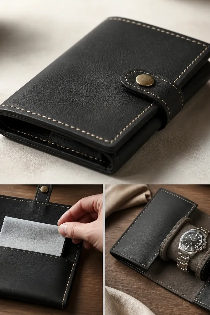 A dark faux leather watch wrap with contrast stitching, folded like a small book. A hidden pocket holds a slim microfiber cloth, and a snap closure keeps it closed.
