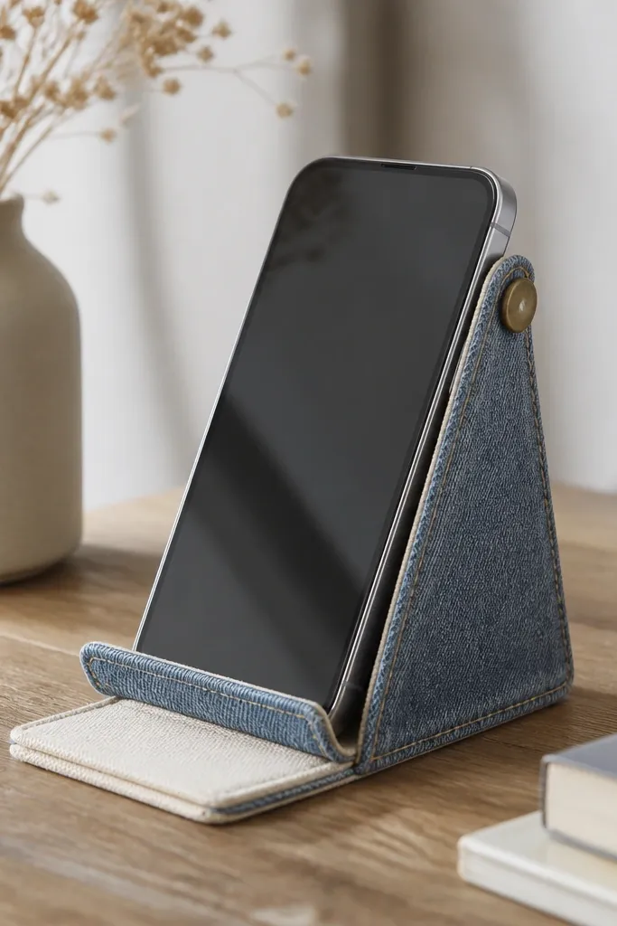 A phone stand made from folded upcycled denim with a triangular back and a canvas base. The stand is held together with topstitching and a small button at the hinge.
