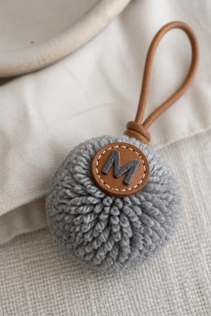 A small handmade pom keychain made from soft gray sweater yarn with a leather cord loop. A stitched monogram letter patch sits near the top, and the pom has a rounded, dense shape.