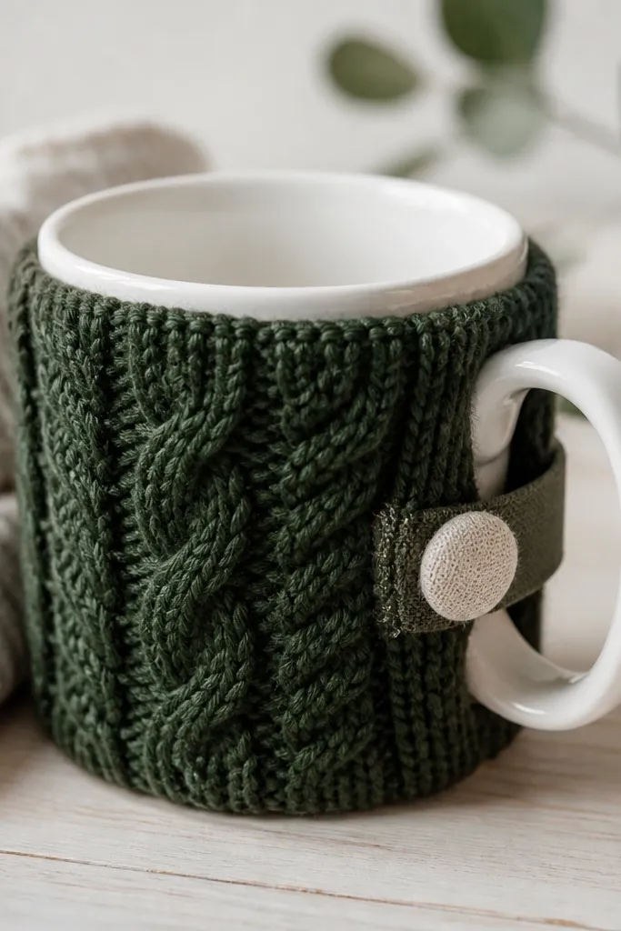 A mug cozy knitted in dark green with a simple cable pattern. A fabric button tab closes the cozy around the mug, and the knit texture is clearly visible.