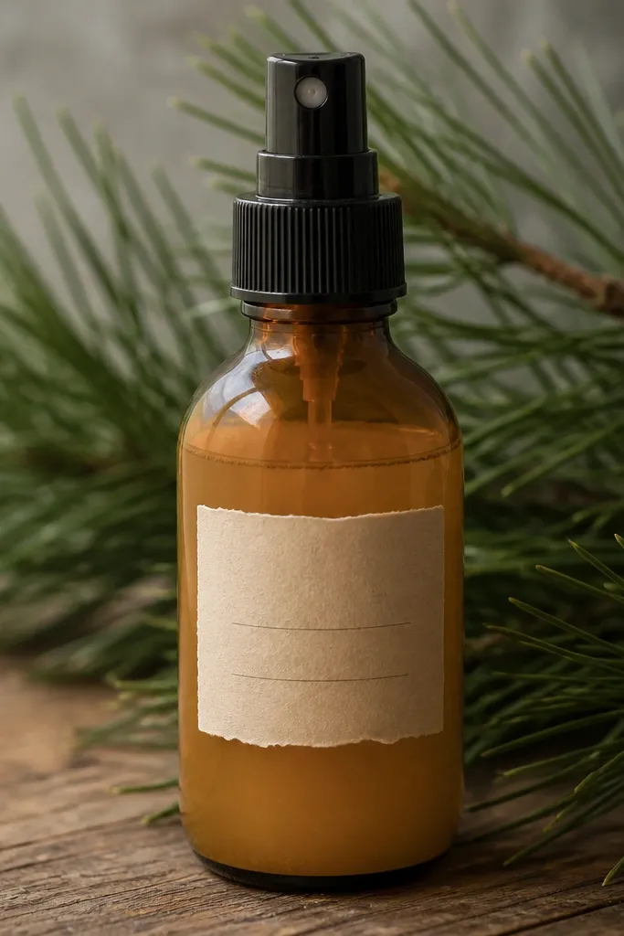 A reused amber glass bottle with a dark spray cap, labeled with neat handwriting. Inside the bottle is a cloudy golden liquid, and pine needles sit in the background.