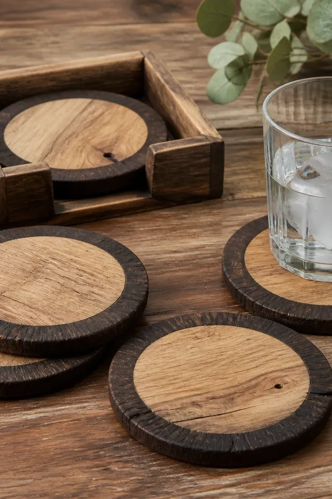 Four reclaimed wood coasters with a dark burned edge ring and a lighter center. They sit on a table with a matching small tray, and the wood grain is clearly visible.