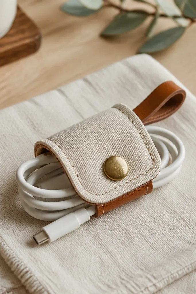 A handmade fabric-and-leather cable wrap with a snap closure. It wraps around a coiled charger cord, showing a stitched flap and a small leather loop for carrying.