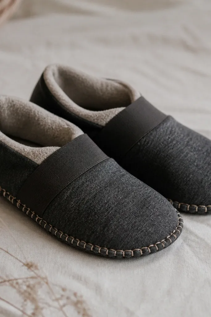 Handmade slippers with a recycled t-shirt outer in heather charcoal and a soft fleece lining. The top has a no-sew stretch band and the sole is stitched with thick thread.