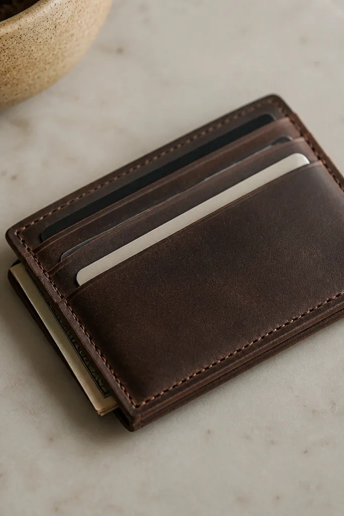 A slim card wallet made from dark brown leather with visible stitching and a slightly burnished edge. It has 4 card slots and a folded cash pocket.