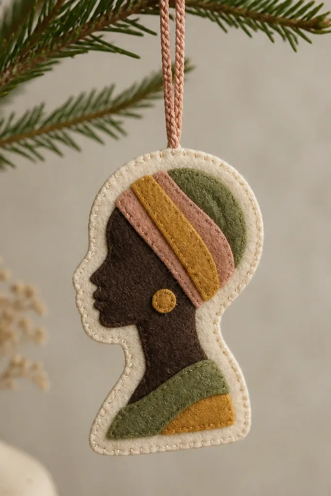 A small felted wool ornament shaped like a stylized portrait silhouette with layered colors. It's stitched onto a felt backing and hung from a braided cord.