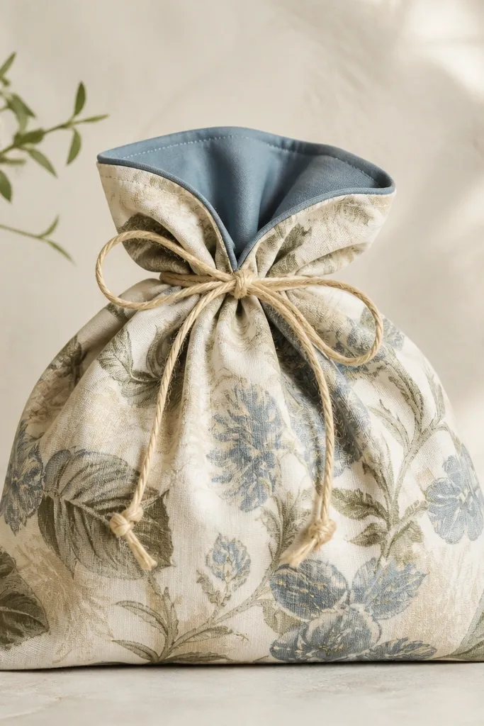 A reusable gift wrap pouch made from patterned curtain fabric, folded and tied with twine. The pouch has a neat drawstring channel and a contrast lining.