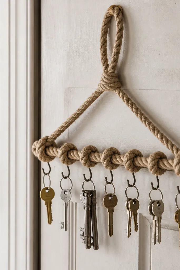 A handmade key organizer hanging on a door: thick natural rope with evenly spaced knots and small hooks. Keys hang in a tidy row, and a braided loop anchors it.
