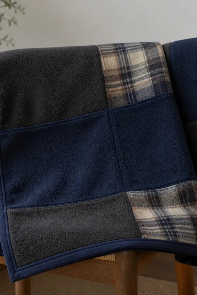 A patchwork blanket square made from three fleece fabrics: charcoal, navy, and a muted plaid. The edges are bound with a solid coordinating fabric, and it's folded on a chair.