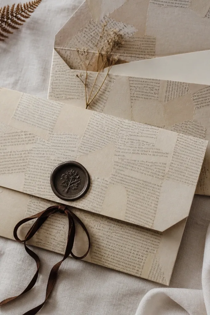A letter folder made from thick paper covered with upcycled book pages, with a dark wax seal stamped on the front. It has a ribbon tie and a pocket inside.