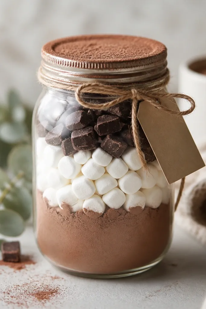 A glass jar filled with layered hot chocolate mix ingredients: cocoa powder, mini marshmallows, and chocolate chunks. The lid is brushed with cocoa powder and sealed with twine and a small tag.