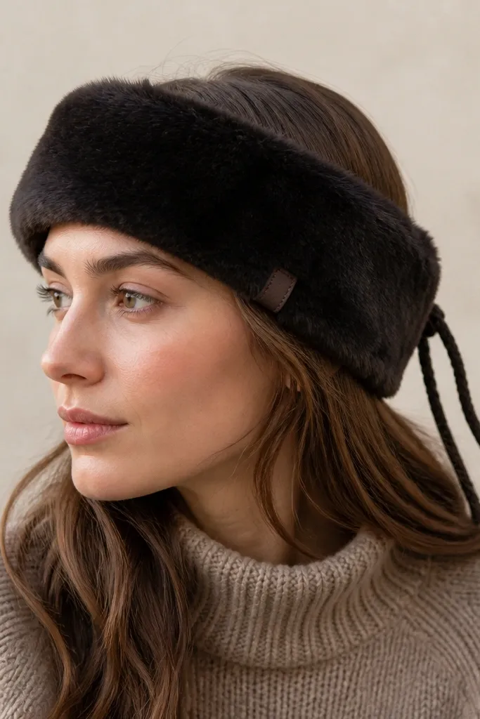 A dark faux fur ear warmer headband with a braided cord tie back. The headband sits flat and looks plush, with a small stitched tag on one side.