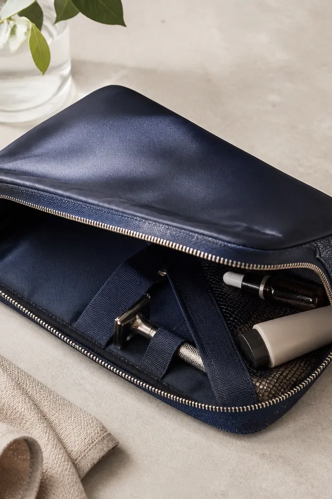 A travel shaving kit pouch with a satin front and denim back, closed with a metal zipper. Inside, small elastic loops hold a razor, and a mesh pocket holds grooming items.