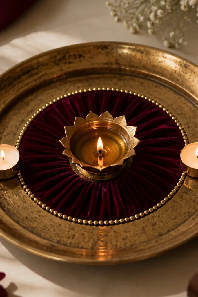 A round antique-gold tray sits on a table. Around the center diya is a tight ring of deep maroon velvet fabric, with a thin gold beaded border. Two small tea lights sit symmetrically on either side, and the tray edge has metallic specks like aged brass.