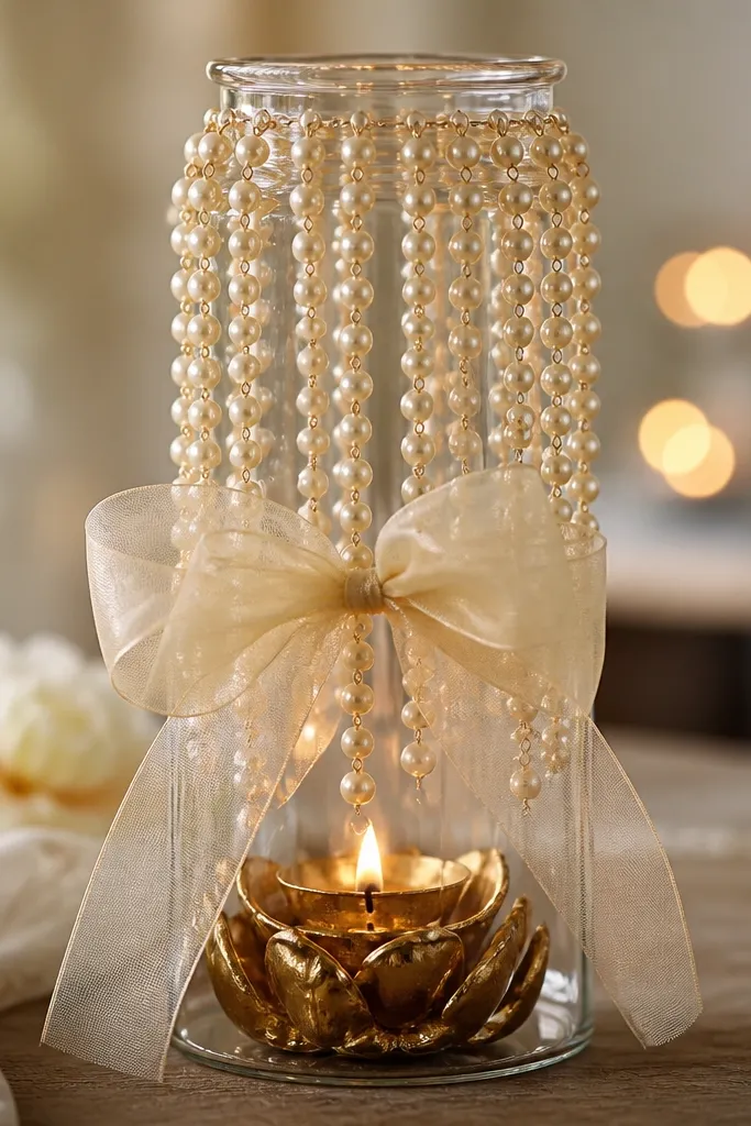 A tall clear glass jar holds a cluster diya at the bottom. Pearl beads hang like a waterfall from the jar neck, and a sheer cream organza bow wraps the middle. The flame glows through the beads, creating soft bokeh dots in the background.