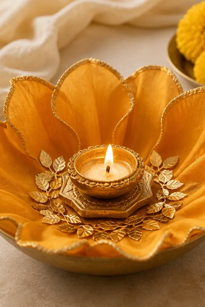 A shallow bowl is lined with scalloped petals made from saffron silk fabric. In the center sits a small diya on a raised platform, surrounded by tiny golden leaf cutouts. The petals curve outward, and the edges are softly glittered.