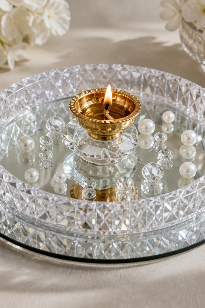 A large round mirror lies flat. On top sits a clear acrylic ring with crystal-like cut pattern. A diya sits in the center on a small glass stand, surrounded by scattered clear crystals and white pearls.