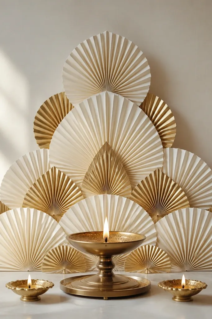 A tall backdrop of folded geometric paper fans in ivory and gold sits behind a diya. The fans form a symmetrical triangle shape. The diya sits on a small brass base in front, with two mini diyas on the sides.