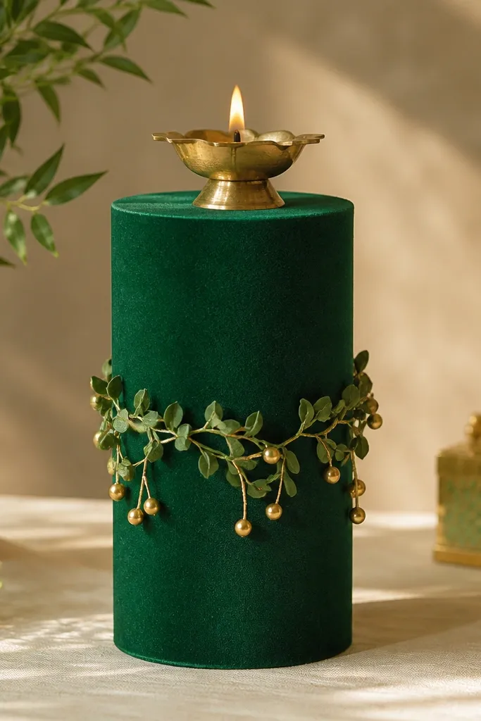 A tall cylindrical pedestal wrapped in emerald velvet holds a diya at the top center. A mini garland of faux green leaves wraps around the pedestal lower half, and small gold beads hang like dew.