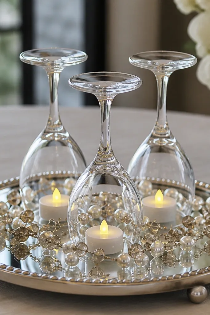Three inverted champagne glasses sit upright in a cluster on a round mirrored tray. Each glass has a small LED candle at the base, and the tray has champagne-colored beads and white pearls.