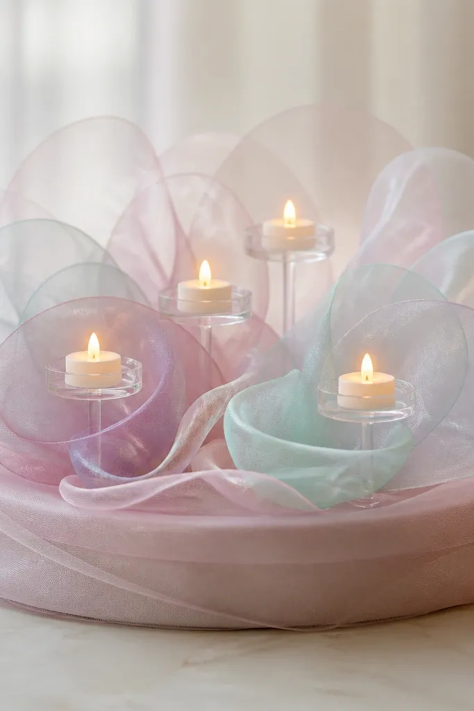 A low round base is wrapped in pastel organza. Semi-transparent organza loops form a bubble halo around the center. Tiny LED tea lights float on small clear acrylic discs.