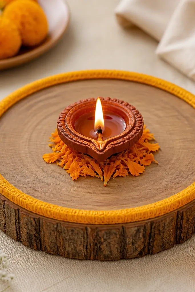 A thick round wood slice holds a central diya. Around the slice edge is a border of marigold-yellow thread wrapped in a tidy ring. A few real marigold petals are tucked near the diya base.