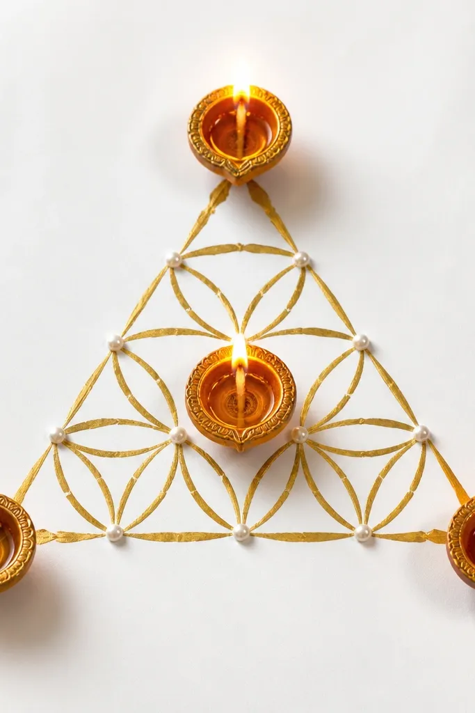 A triangular arrangement on a white sheet shows gold leaf lines like rangoli. Three diyas sit at the triangle corners, and a central diya sits in the middle. Small pearl dots mark each line intersection.