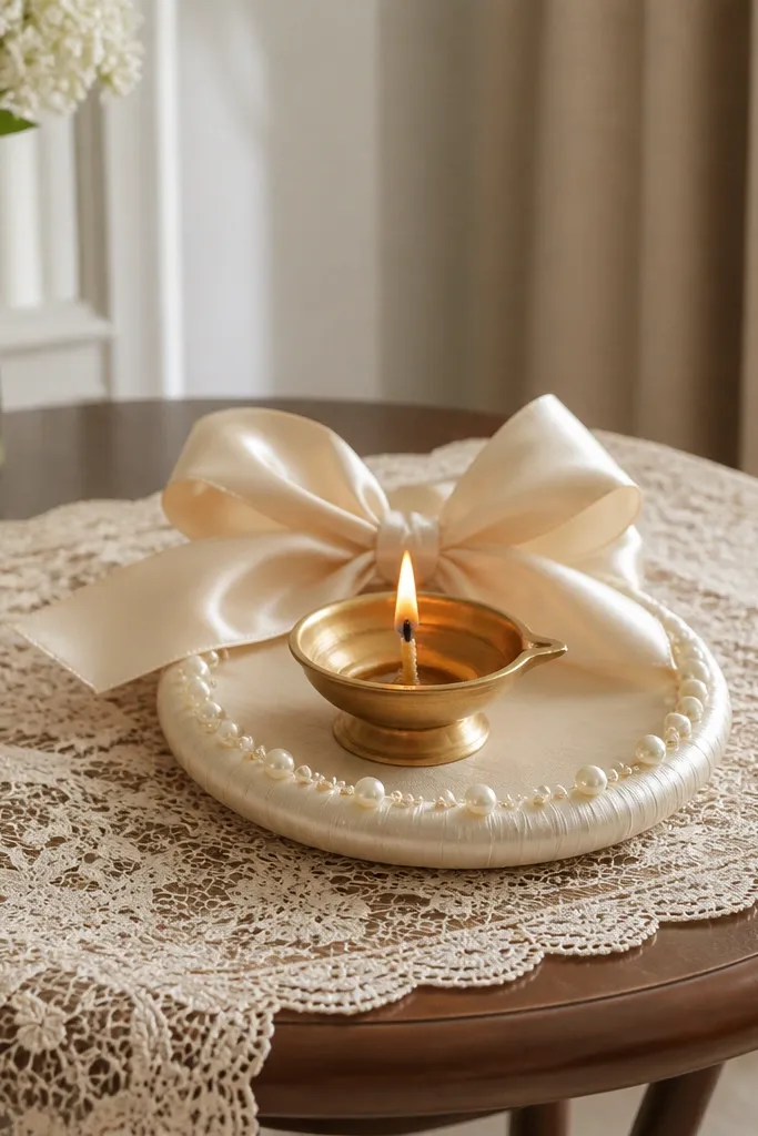 A small table has an ivory lace runner laid out. In the center sits a diya on a round tray wrapped with satin. A cream satin bow sits behind the diya, and scattered faux pearls line the tray edge.
