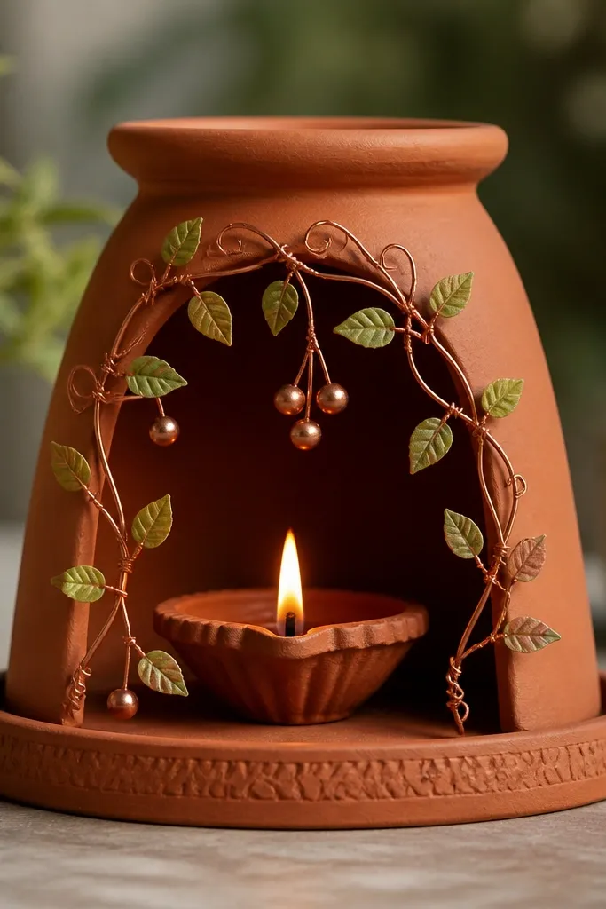 A terracotta planter turned upside down sits on a base, with a diya in the center. Thin copper wire vines curl around the planter opening. Small faux leaves and a few copper beads hang near the flame.
