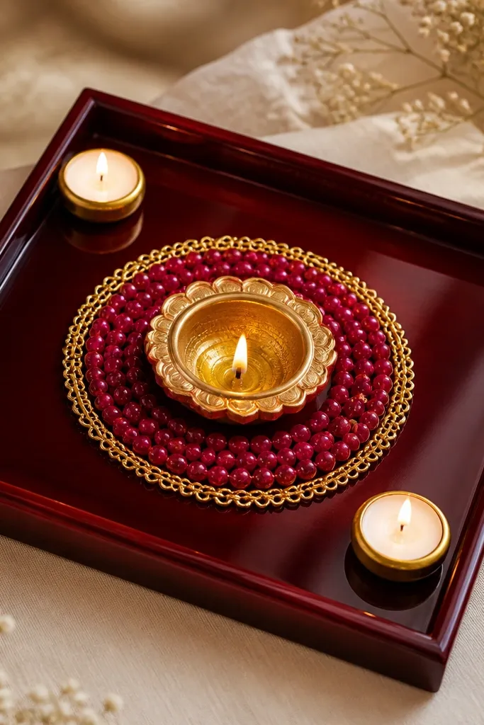 A dark cherry-colored shallow tray holds a central diya. Around it is a band of cranberry-colored beads and a thin gold chain. Two small tea lights sit near the corners, and the tray has a glossy finish.