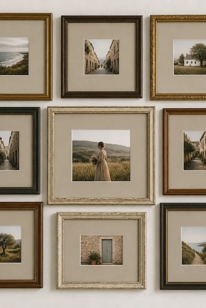 A 3x3 collage made from nine mismatched thrift frames, all lined up. Each frame has a warm gray mat, with small 4x6 photos centered and evenly spaced, and a single larger hero photo in the middle.