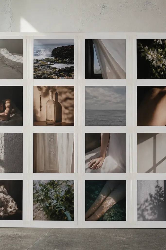 A large foam board with a neat grid of photos. Every photo sits inside a crisp white border made from paper tape, and thin strips of tape line the seams between photos.
