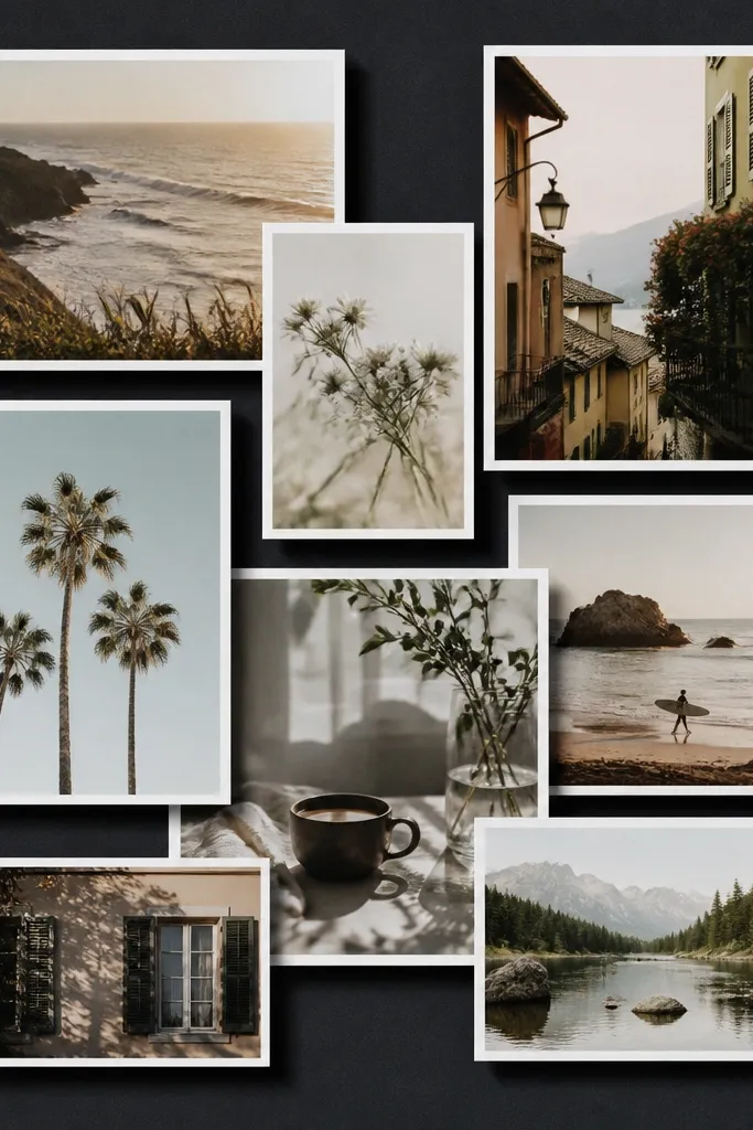 A collage on a dark backing board where photos overlap slightly. Each photo sits raised on foam photo mounts, creating a floating effect with soft shadows.