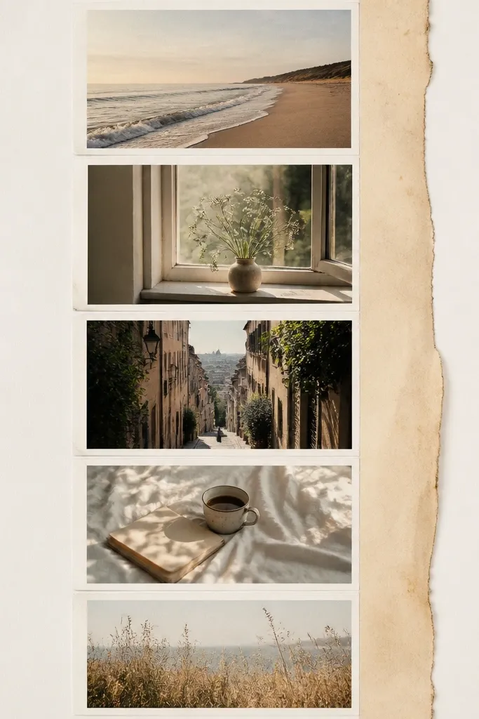 A vertical collage made from narrow photo prints like postcards. They're arranged in a tidy column with small spacing, and a thin strip of aged paper runs along one side.