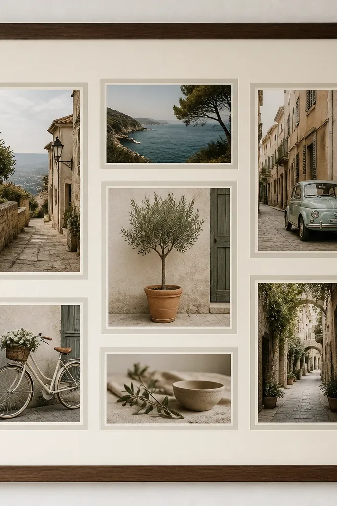 A single large frame holding a collage. Each photo sits on a two-color mat: a thicker outer cream border and a thin inner warm gray border.