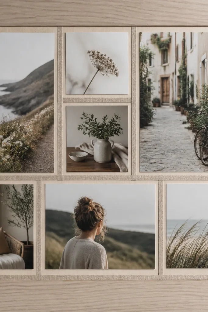 A collage on a light wood background with thin fabric ribbon lines separating photos. Photos are mounted in small squares and rectangles, and the ribbon creates straight, neat seams.