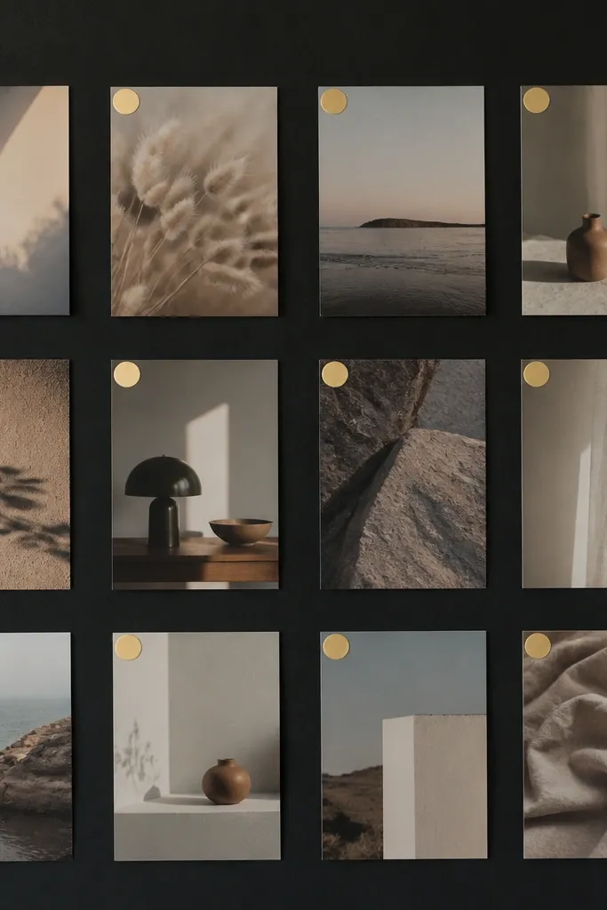 A dark black board covered with matte photos. Each photo has a small gold-foil sticker label in one corner, and the spacing is very even.