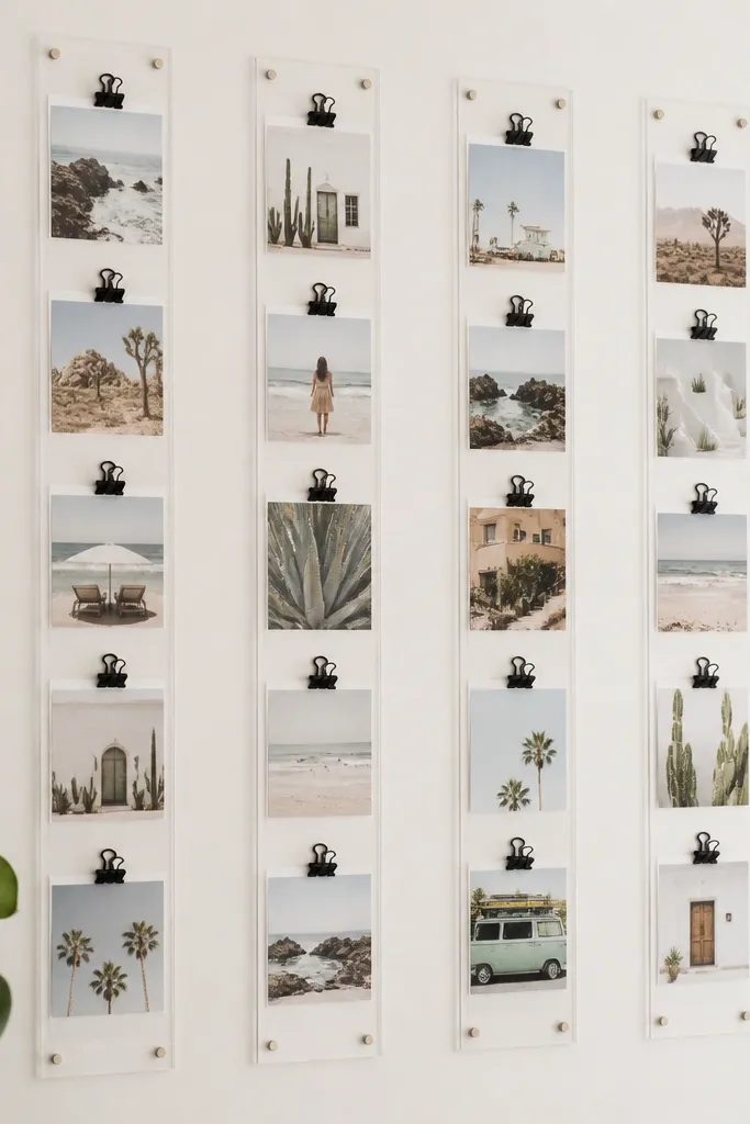 Clear acrylic strips mounted on a wall with photos clipped in. Binder clips are black, and the photos are arranged in vertical rows with matching spacing.