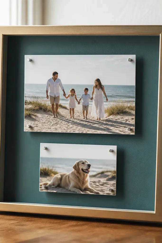 A clear shadowbox frame with layered paper behind photos. The bottom layer is teal paper, and the photos float above it with small spacers.
