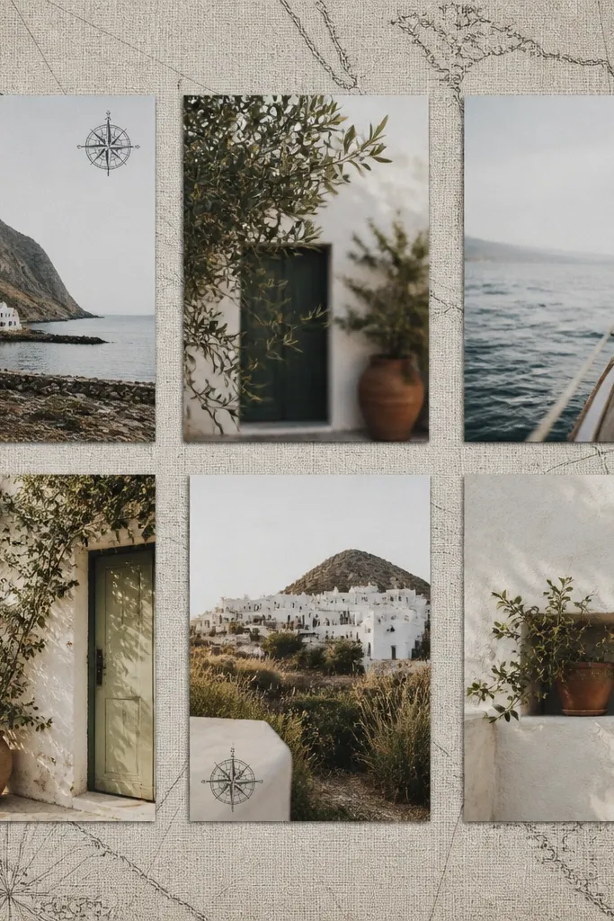 A linen-texture backing board with thin black map-line drawings running behind photos. Photos are in a tidy grid, and a few have small compass icon stamps.